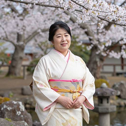 Photograph of a smiling Asian woman in a white kimono with pink and gold obi, standing in a cherry blossom garden.