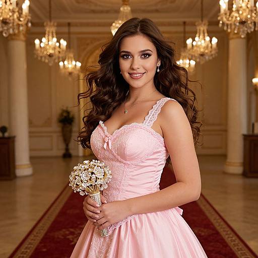 Photograph of a smiling brunette woman with long, wavy hair in a pink lace dress holding a bouquet of small white flowers, standing in a grand