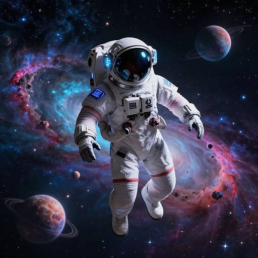 Digital art of a white-suited astronaut floating in vibrant, colorful space with planets and nebulae, wearing a reflective helmet.