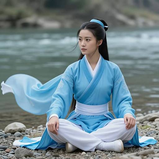 Photograph of an Asian woman with long black hair in a blue and white traditional Korean hanbok, seated cross-legged by a river on a rocky