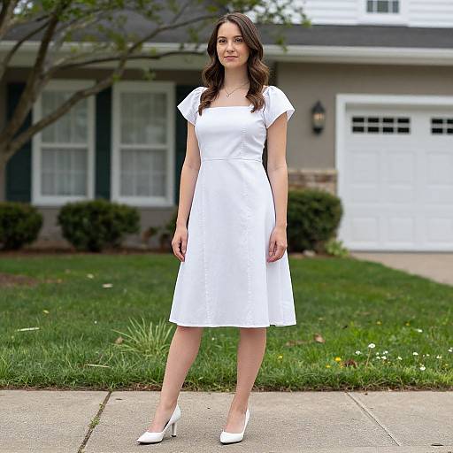 Photograph of a young woman with long dark brown hair, wearing a white short-sleeved knee-length dress and white high heels, standing on a