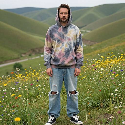 Photograph of bearded man with brown hair, wearing tie-dye hoodie and ripped jeans, standing in colorful meadow with hills and wildflowers.