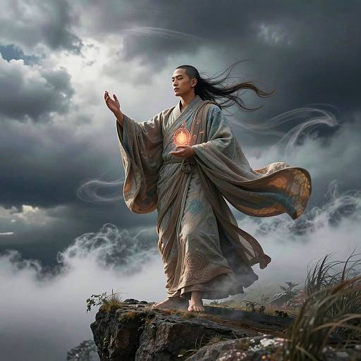 Digital art of an ethereal Asian woman in flowing robes, standing on a rock, holding a glowing orb, with dramatic, cloud-filled sky.