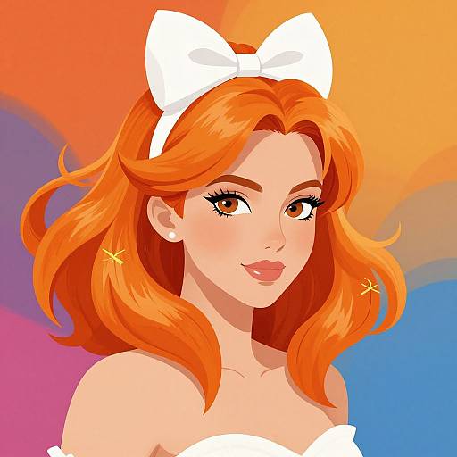 Digital illustration of a fair-skinned woman with vibrant orange hair, wearing a white bow and strapless top, against a colorful gradient background of orange,