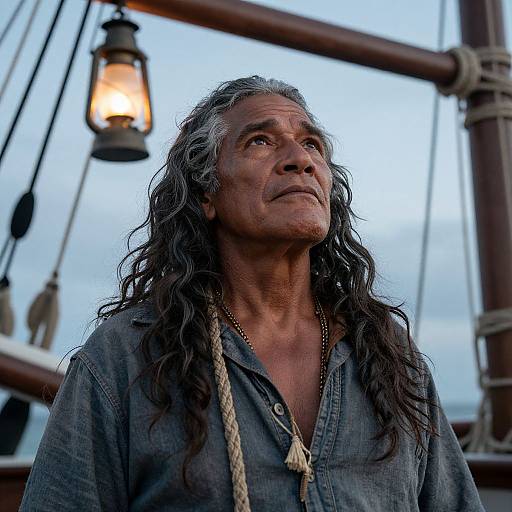 Photograph of a weathered, elderly Native American man with long, gray hair, wearing a denim shirt, gazing upward at a ship's lantern