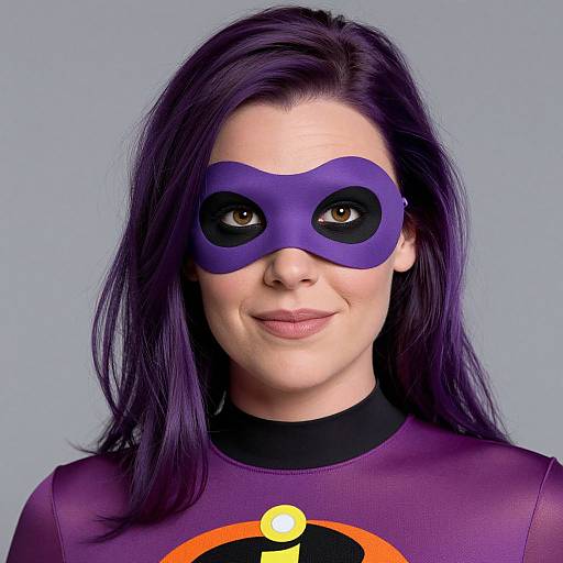 Photograph of a woman with long purple hair, wearing a purple superhero mask and matching costume with an orange logo, smiling against a plain gray background.