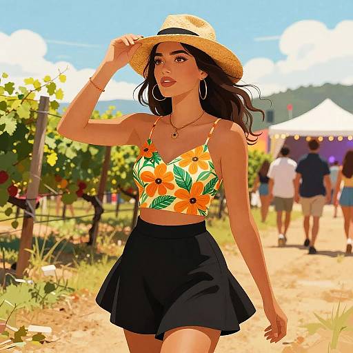 Digital illustration of a young woman with tan skin, wearing a sunhat, orange floral crop top, and black skirt, walking through a sunny vineyard