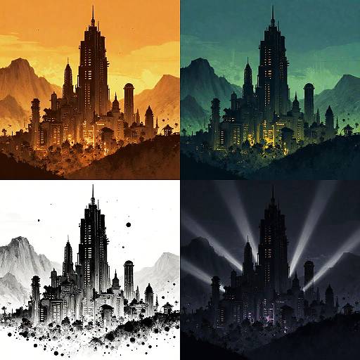 Four digital silhouettes of a futuristic cityscape at sunset, night, white, and spotlight, each with varying color gradients and textures.