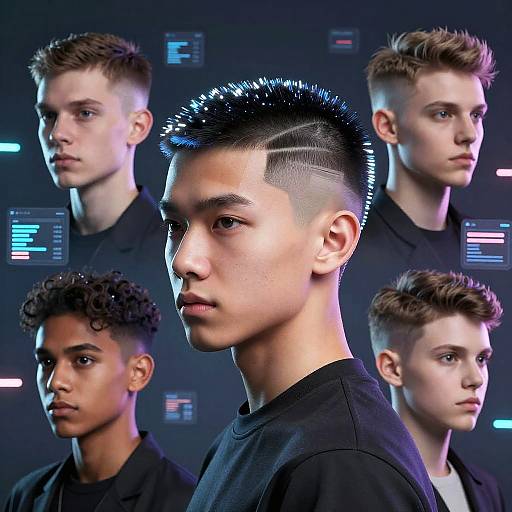 Digital portrait collage of five young men with diverse hairstyles, light skin tones, and black shirts, set against a dark, neon-accented background.