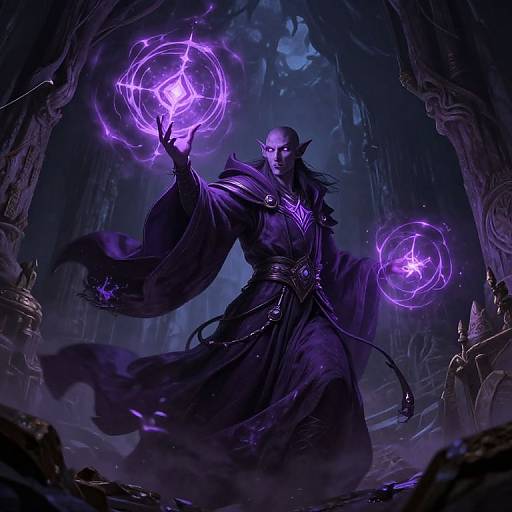 Digital fantasy artwork of a dark-robed, pointy-eared wizard casting purple magical circles in a dimly-lit, cavernous stone temple.