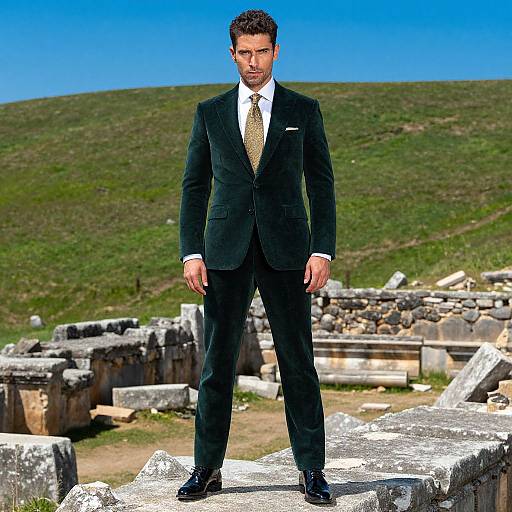 Photograph of a serious, dark-haired man in a black suit, white shirt, and gold tie standing on ancient ruins under a bright blue sky.