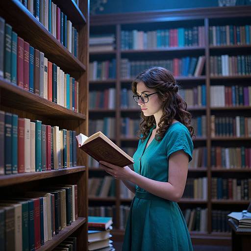 Photograph of a young woman with wavy brown hair, wearing glasses and a teal dress, reading a book in a dimly lit library. Book