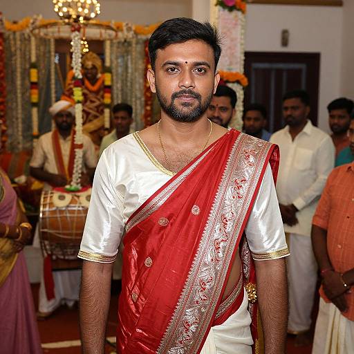 Photograph of a bearded Indian man with short black hair, wearing a white shirt and red silk saree with gold embroidery, standing in a decorated