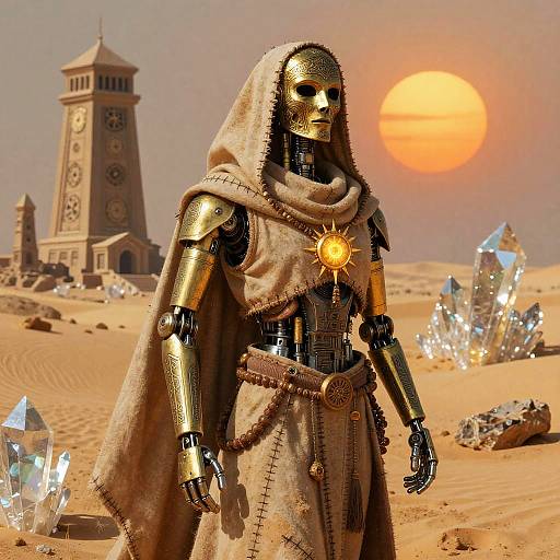 Desert Shaman Automaton Amid Glass Dunes