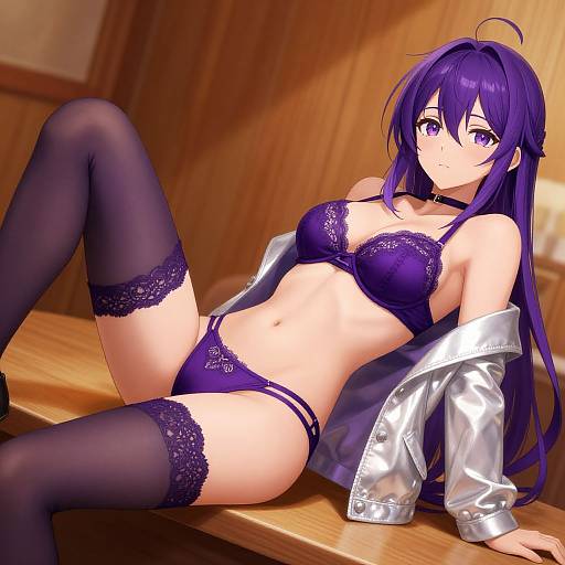 Anime-style digital illustration of a purple-haired woman in black lace lingerie, thigh-high stockings, and an unbuttoned silver shirt, reclining seduct