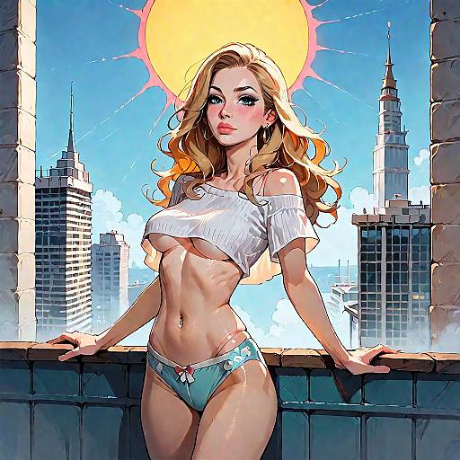 Sunlit Blonde Woman on City Rooftop