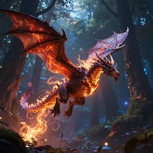 Digital fantasy artwork of a fiery, winged dragon soaring through a mystical forest, with glowing embers and vibrant, illuminated wings.