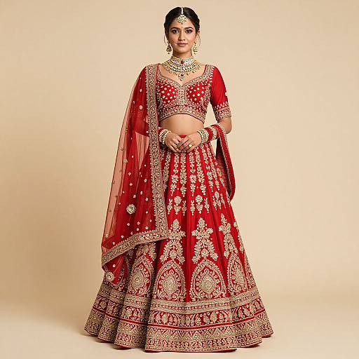 Photograph of a South Asian woman in a vibrant red, gold-embroidered traditional lehenga and choli, adorned with jewelry, standing against