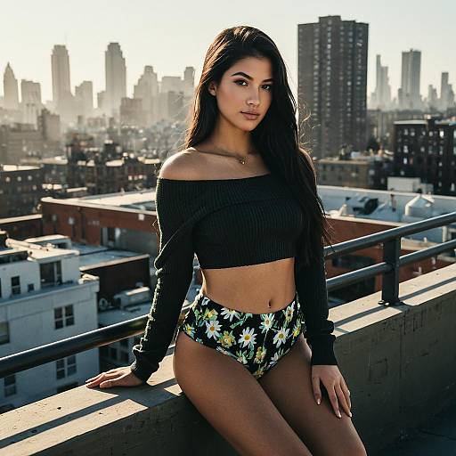 Woman in Off-Shoulder Crop Top on Rooftop