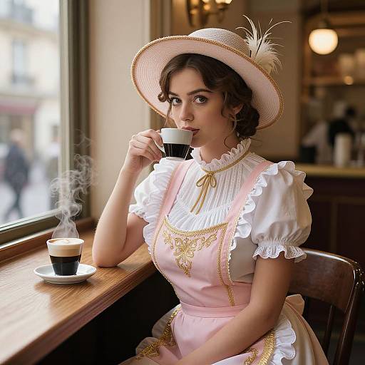 Photograph of a young woman with fair skin and brown hair, wearing a white bonnet with a feather, pink dress with gold embroidery, and white