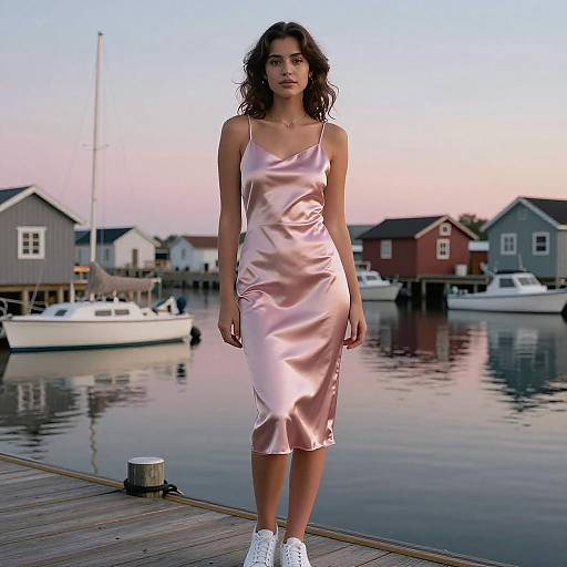 Photograph of a young woman with wavy brown hair wearing a silky, pink, spaghetti-strap dress and white sneakers, standing on a wooden dock