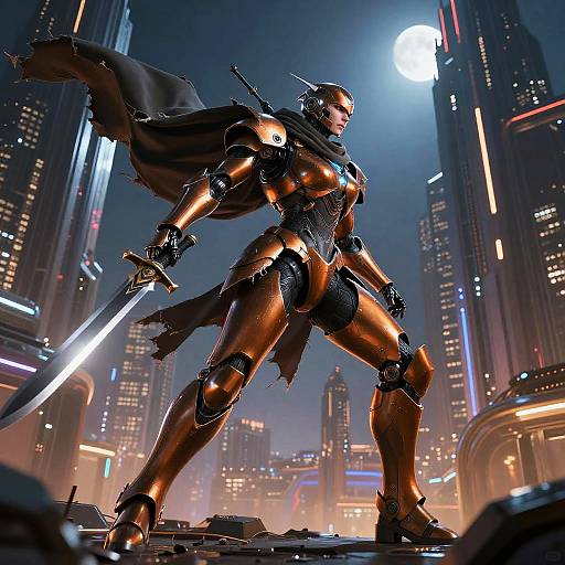 Dynamic Android Warrior in Futuristic City