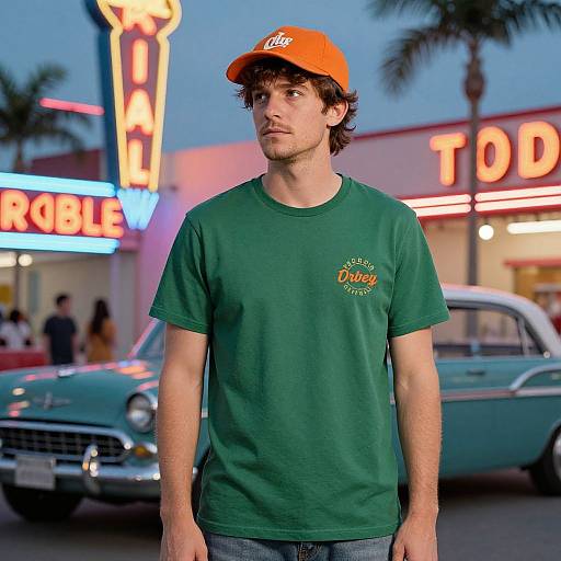 Photograph of a young man with wavy brown hair, wearing an orange cap, green 