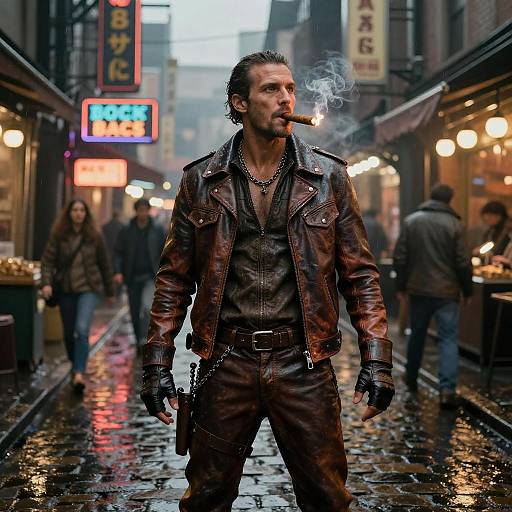 Leather-clad Smuggler with Cigar in Neon-lit Market Tunnel