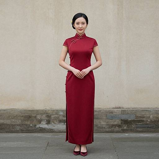 Photograph of an East Asian woman with black hair in a red traditional Chinese qipao dress, standing against a worn beige wall.