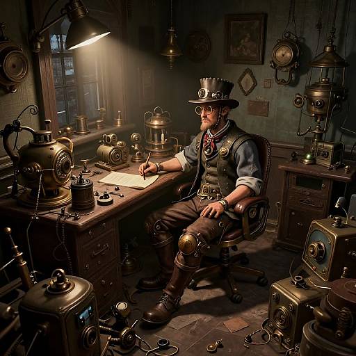Steampunk inventor in vintage hat and vest, writing in dimly lit workshop filled with brass gears, lamps, and teapots.