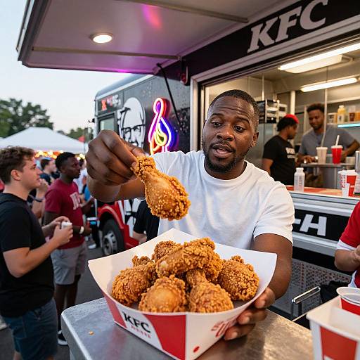 Photograph of a Black man in a white t-shirt, eating fried chicken nuggets at a KFC outdoor food truck, surrounded by people.