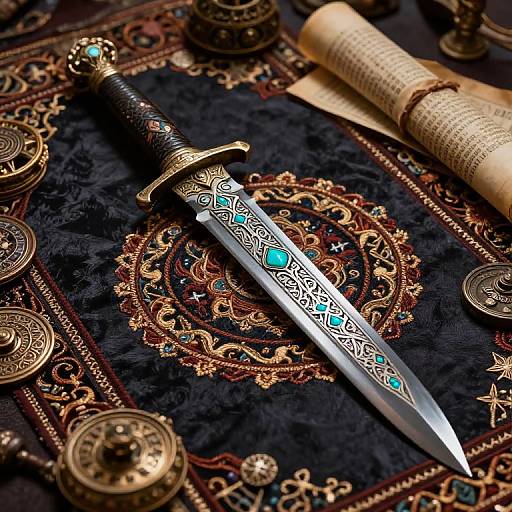 Photograph of an intricately engraved, turquoise-embellished sword with a black hilt, lying on an ornate, richly patterned