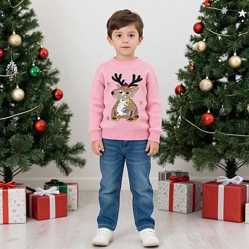 Photograph of a young boy with brown hair, wearing a pink reindeer sweater, blue jeans, and white sneakers, standing between two decorated Christmas trees