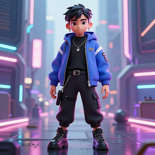 Cyberpunk Boy in Futuristic Urban Setting