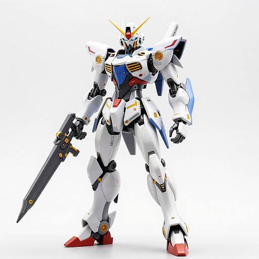 Digital illustration of a white, humanoid Gundam-style mecha with red and black accents, holding a large black sword, standing on a white background.