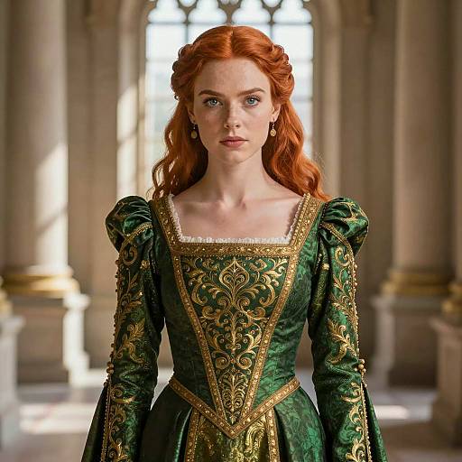 Medieval Woman in Green and Gold Dress
