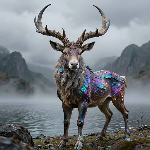 Photograph of a mythical, iridescent deer with large antlers standing by a misty lake, surrounded by rocky mountains and cloudy sky.