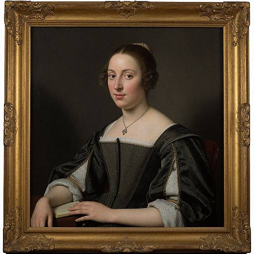Baroque portrait painting of a pale-skinned, dark-haired woman in black Renaissance dress, holding a book, with ornate gold frame.