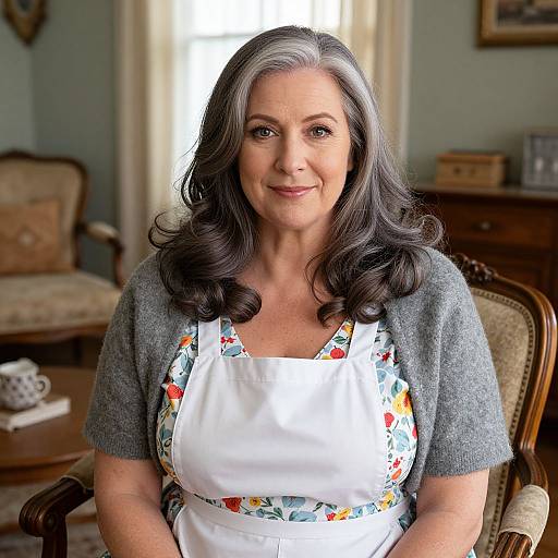 Photograph of a middle-aged woman with gray curly hair, wearing a gray cardigan over a white floral apron, smiling in a cozy, vintage