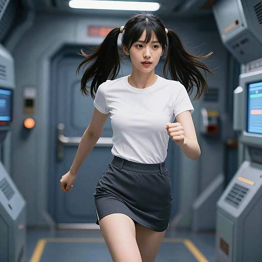 Young Woman Running Inside Spaceship