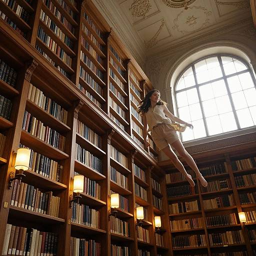 Photograph of a woman in beige dress and heels, mid-air, climbing tall wooden bookshelves in a grand, sunlit library with arched