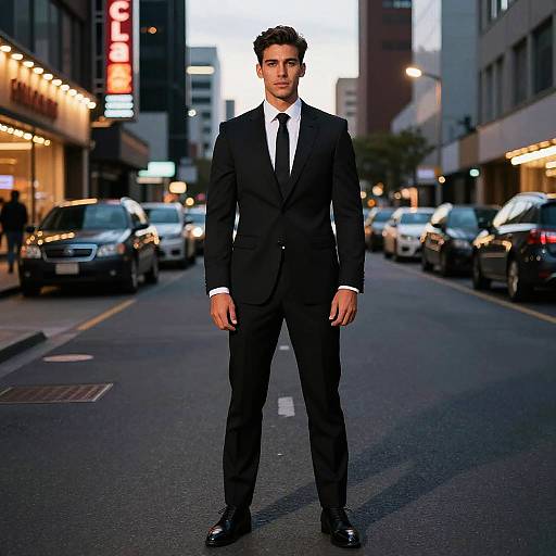 Photograph of a handsome man in a black suit and white tie standing confidently on a city street at dusk, surrounded by parked cars and illuminated buildings.