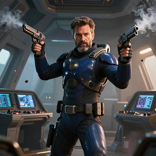 Digital artwork of a bearded, muscular man in shiny blue armor, holding two smoking guns, standing in a futuristic control room.