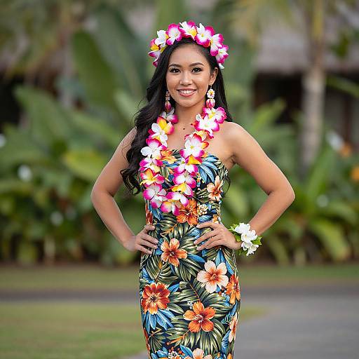 Photograph of a smiling woman with long black hair, wearing a colorful floral headband, necklace, and strapless dress with vibrant hibiscus
