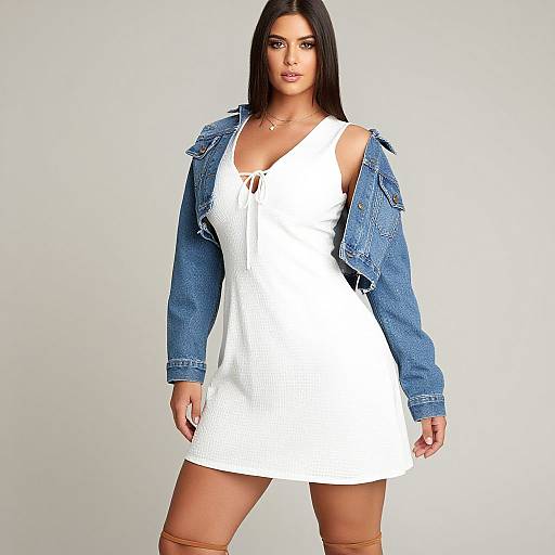 Photograph of a confident woman with long black hair, wearing a white, sleeveless, V-neck dress, blue denim jacket, and tan thigh-high