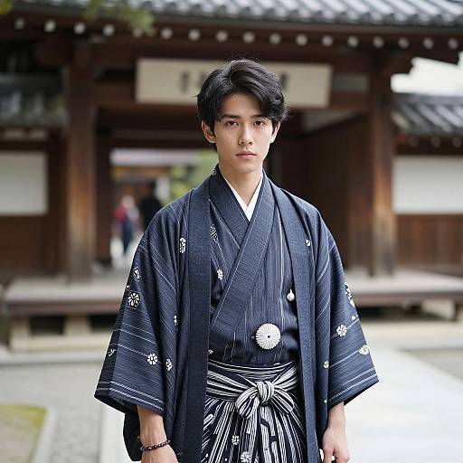 Photograph of a young Asian man in a traditional navy blue kimono with white floral patterns, standing in front of a wooden Japanese temple. Blurred