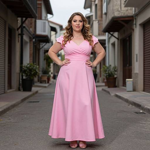 Photograph of a plus-size woman with long, wavy brown hair, wearing a pink, short-sleeved, full-length dress, standing confidently