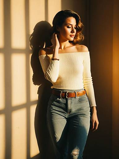 Woman in Off-Shoulder Top and Distressed Jeans
