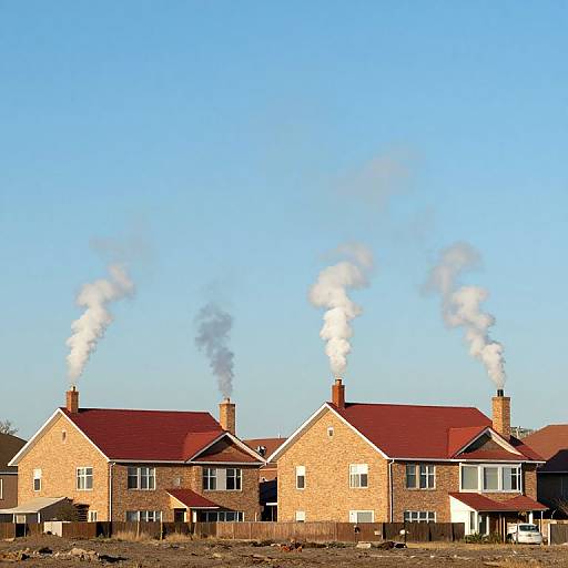 Photograph of three brick houses with red roofs and white smoke rising from chimneys, set against a clear blue sky.