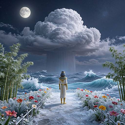 Digital artwork of a person in white robes standing on a moonlit path, facing a massive cloud-covered moon over ocean waves, surrounded by glowing flowers and